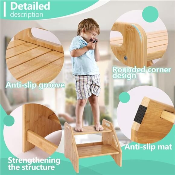 Wooden Step Stool, Two Step Stools Toddler 300 lbs Capacity with Safety Non-Slip - Picture 3 of 7